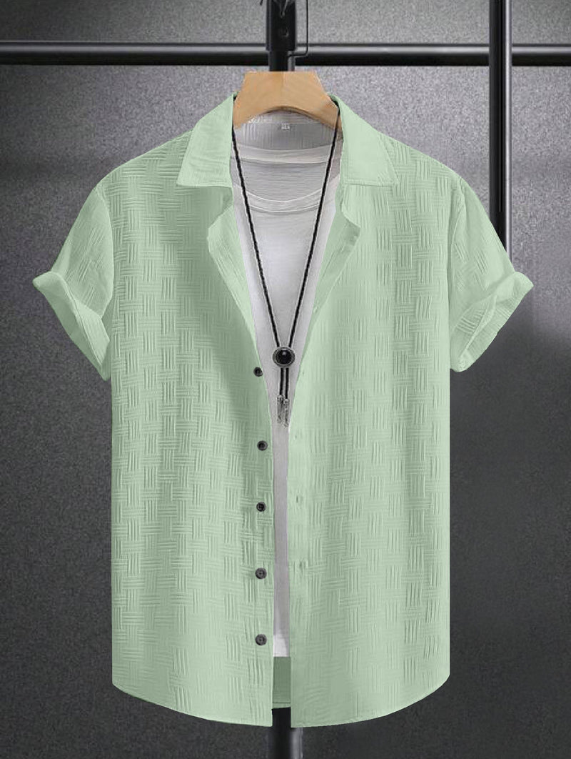 Light Green Textured Regular Fit Shirt with Short Sleeves