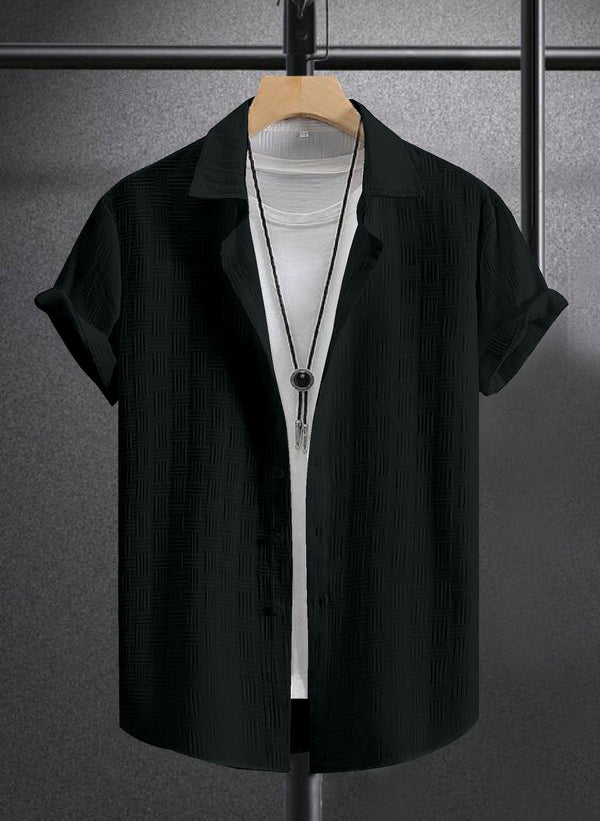 Black Textured Regular Fit Shirt with Short Sleeves