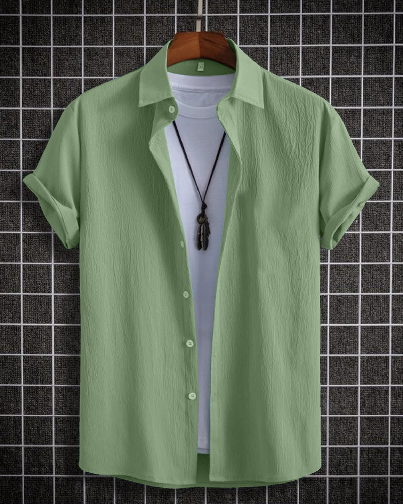 Redolent Olive Green  Seersucker Half Sleeve Shirt