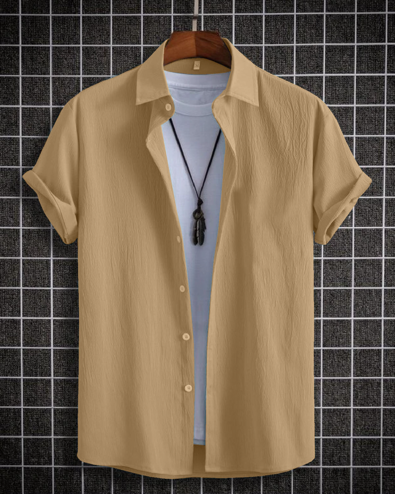 Exquisite Beige Seersucker Half Sleeve Shirt